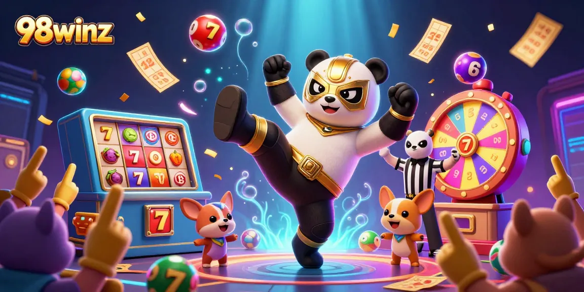 Experience thrilling gaming action with 98winz featuring cartoon panda and chihuahua amid vibrant casino elements.