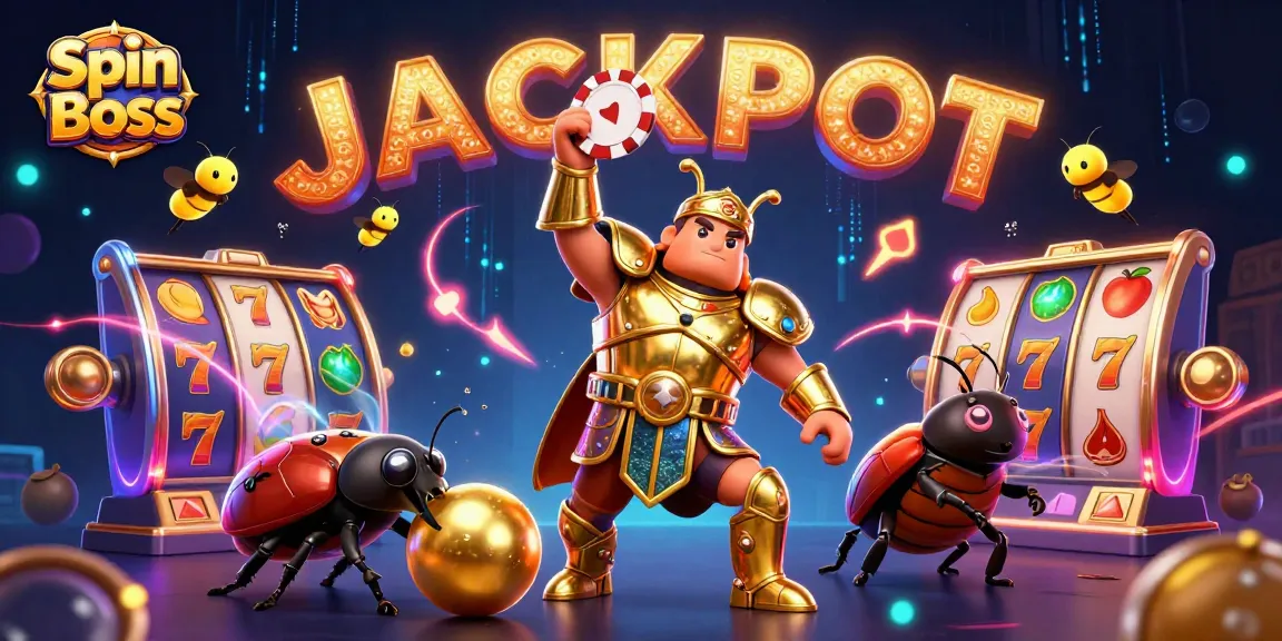 Spin Boss showcases a victorious beetle in golden armor with jackpot elements and vibrant gaming graphics.