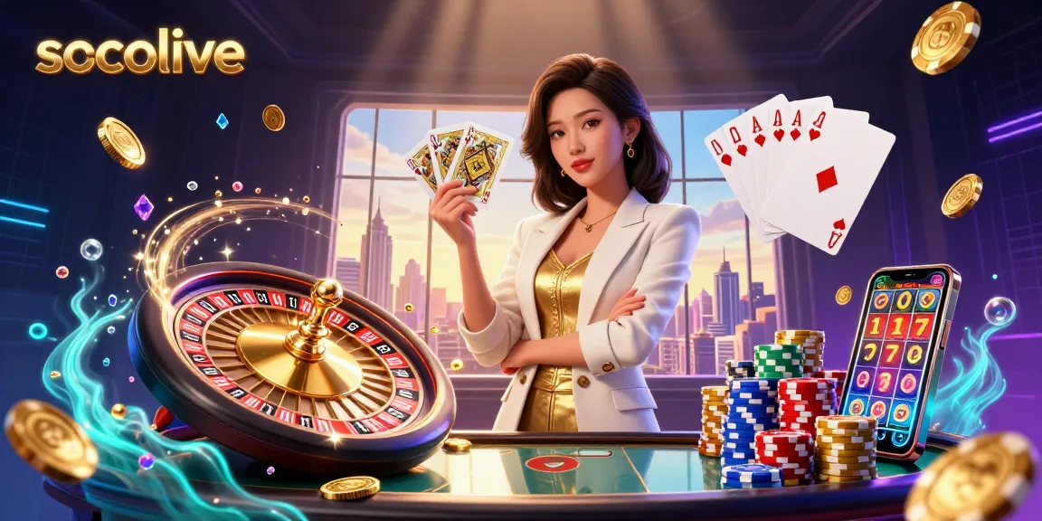 Socolive showcases a glamorous Asian woman holding cards, surrounded by enchanting casino elements.
