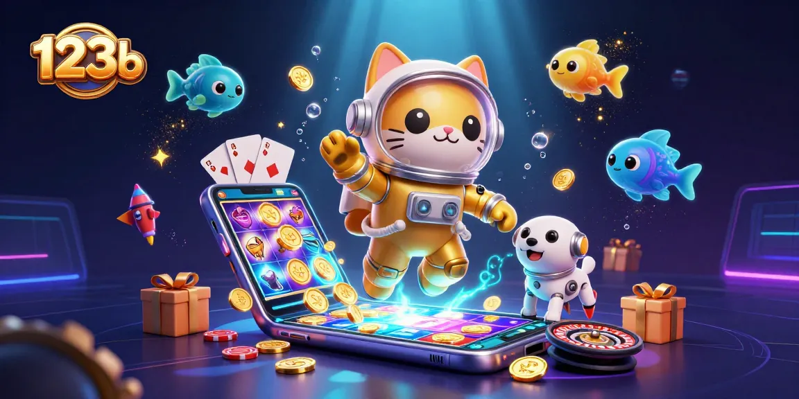 Engage with 123b's dynamic casino scene featuring a space cat, robot dog, and vibrant gaming elements.