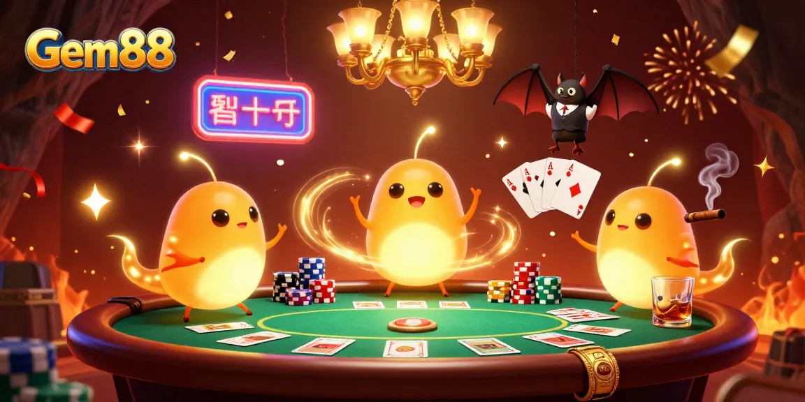 Engage in Gem88's dramatic gambling scene with glowworms and a bat dealer in a cave casino.