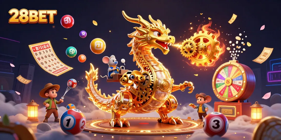 28BET offers thrilling gameplay with a golden dragon breathing gears and colorful lottery balls in a vibrant casino scene.