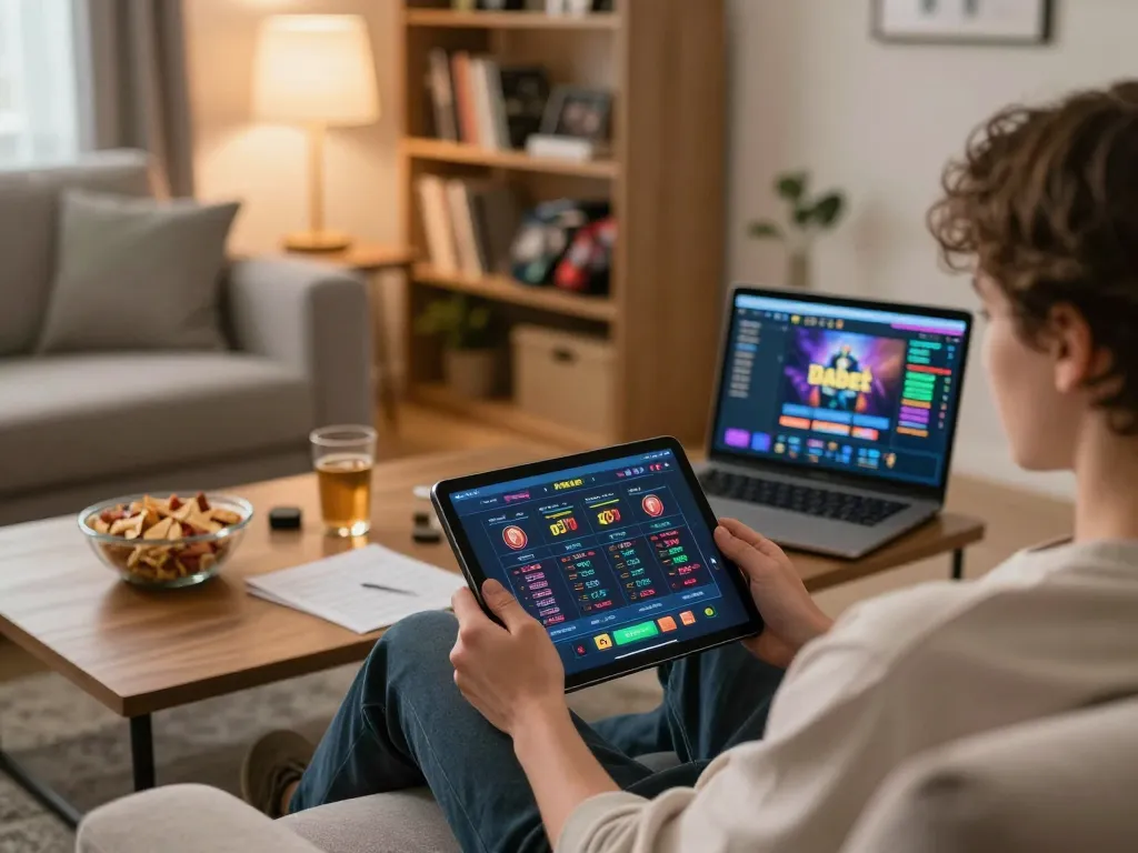 Dabet player engaging in online casino gaming on a tablet in a cozy home setup