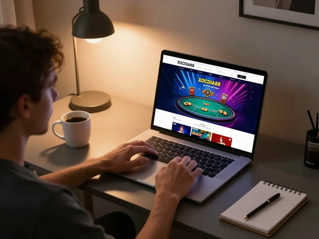 Engaged player exploring XOCDIA88 online casino gaming setup with vibrant graphics.