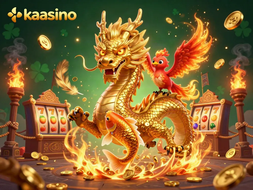 Kaasino players enjoy a vibrant casino experience with a dragon, phoenix, and koi fish amid festive game elements.