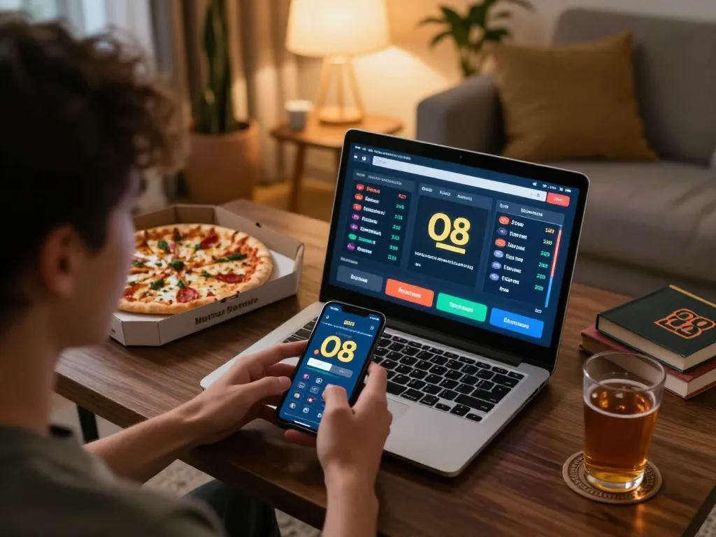 Excited player engages with O8 online casino on laptop while enjoying home comforts