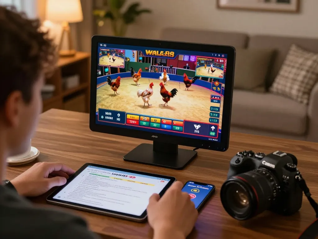 Betting live on WALA88 platform with high-resolution chicken fighting action displayed on tablet.