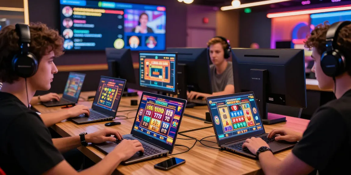 Penggemar bermain slot777 dengan laptop di lingkungan kasino online yang bersemangat.