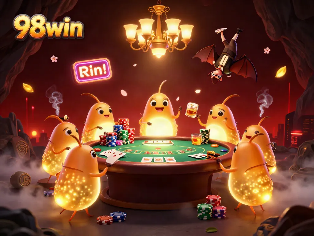 Experience the thrill of gambling at 98win's vibrant cave casino with animated glowworms lighting up the scene.