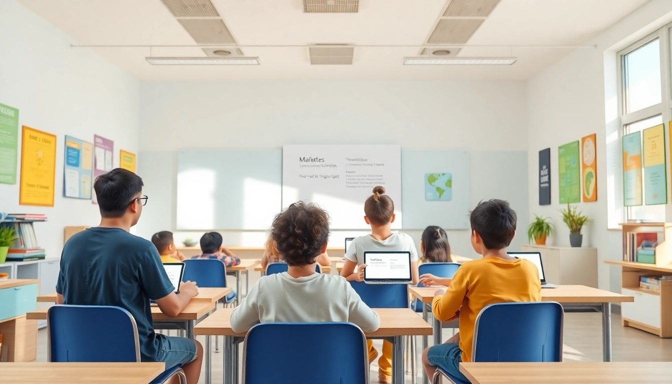 Students actively using the 有道 translation app in a modern classroom.