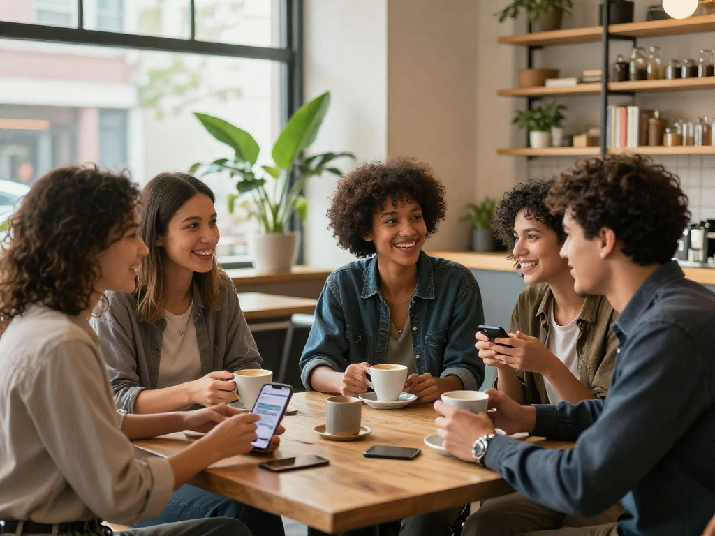 Social interactions in a café highlighting f168 com dating app connections.