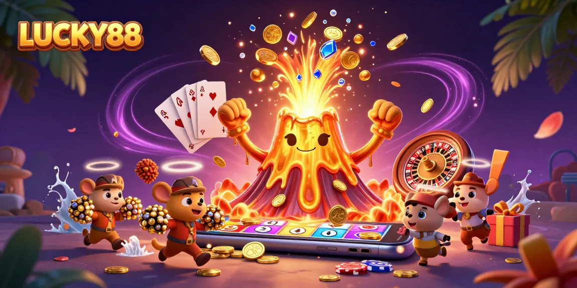 LUCKY88 erupts excitement with colorful slot game elements featuring a golden volcano and treasure.