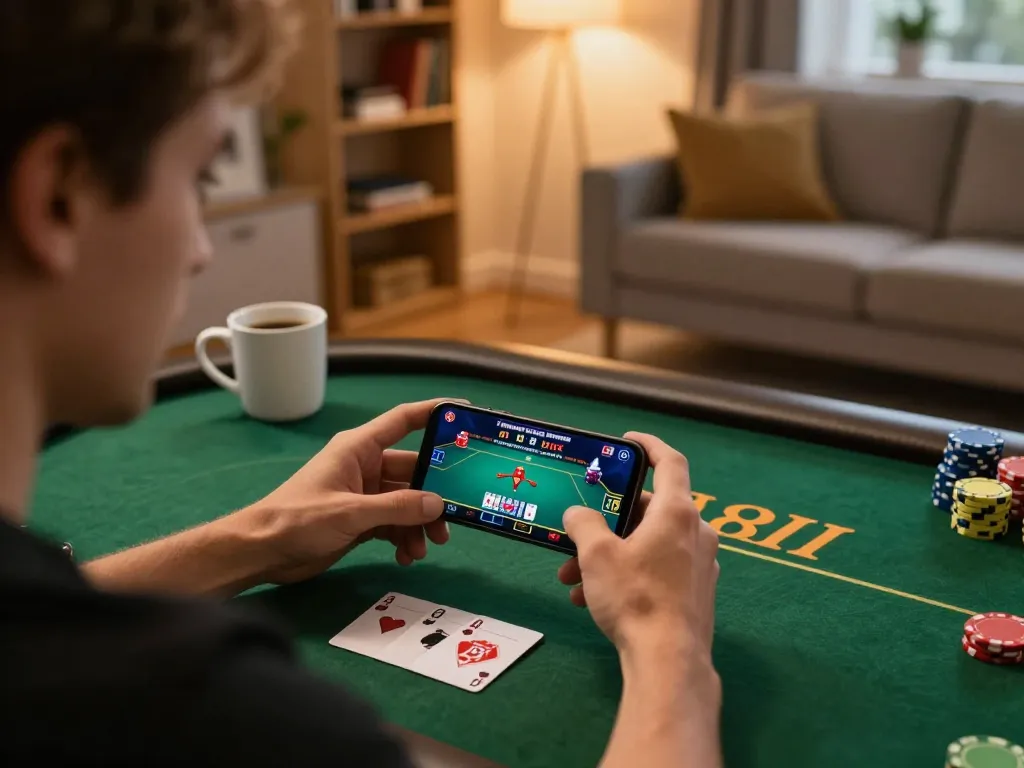 Player enjoying the thrilling experience of 888new casino on smartphone from a cozy home setup, focusing on poker strategy.