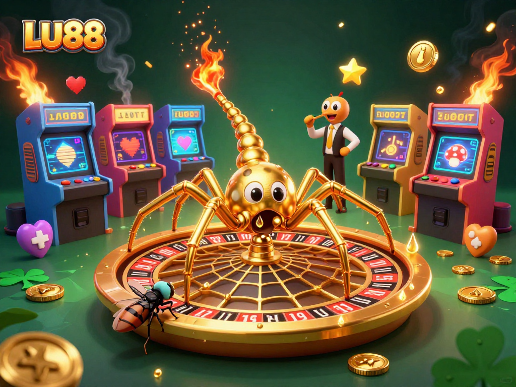 LU88 enhances the gambling experience with unique visuals of a golden roulette wheel and interactive characters.