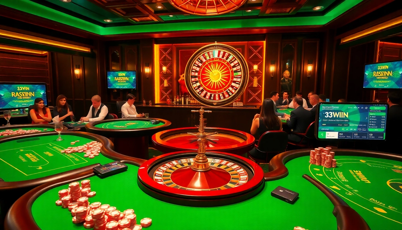 Engaged players at 33WIN casino tables, showcasing excitement and vibrant gaming atmosphere.