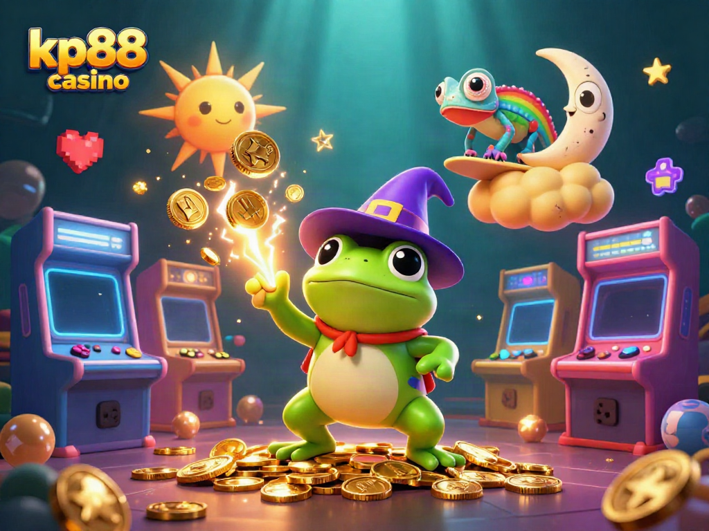 Experience the fun of kp88 casino with a wizard, chameleon, and vibrant gaming elements in this vibrant scene.
