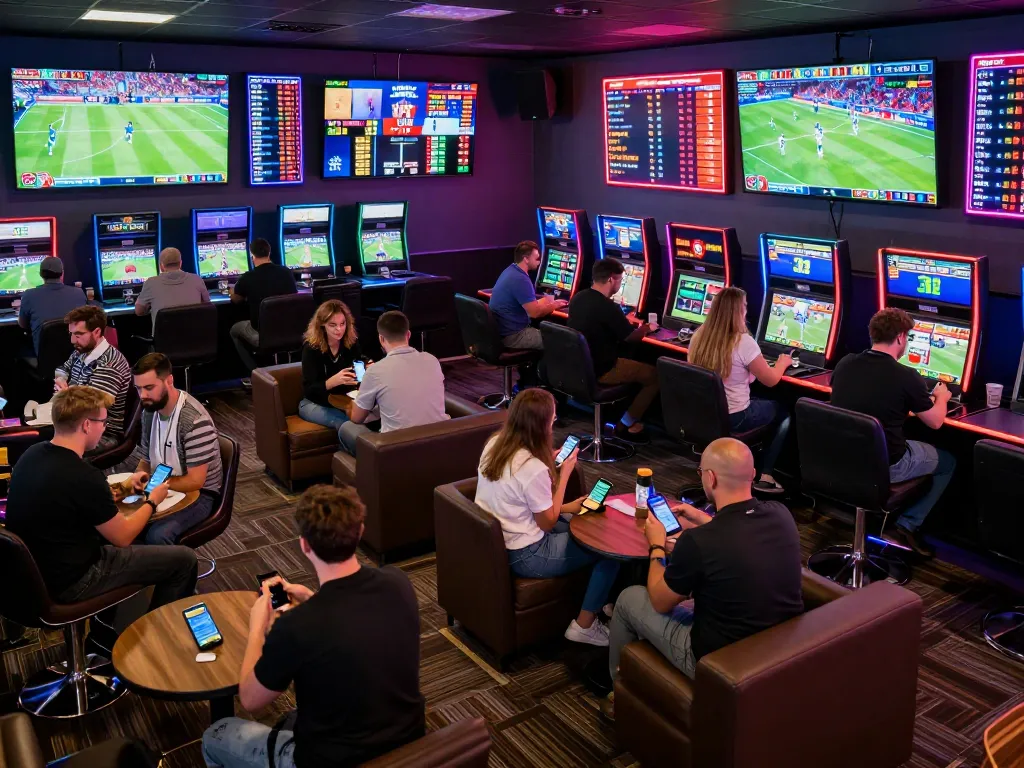 Engaging scene of keonhacai 88 sports betting activity with enthusiastic fans cheering at a modern lounge.