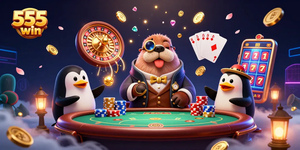 Experience thrilling gaming with 555win as a jolly walrus plays poker at an underwater table.