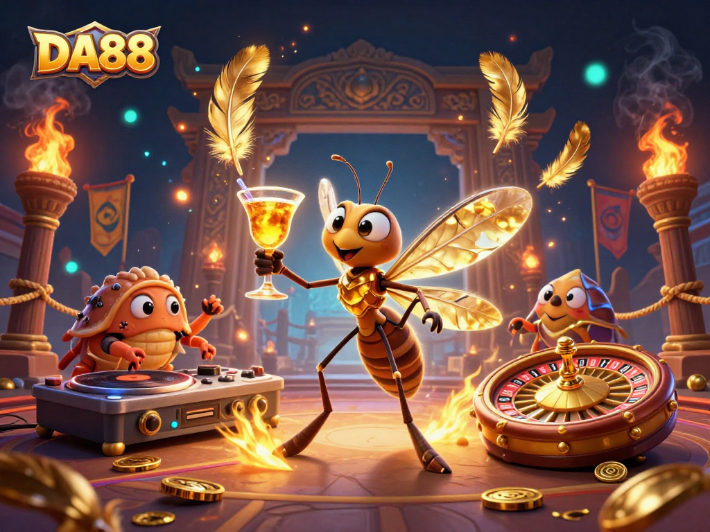 Engage with DA88's vibrant casino scene featuring a lively mascot and dynamic gaming elements.
