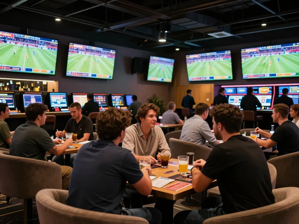 Experience the excitement of Cổng game Sky88 with live sports betting and engaged bettors in a vibrant lounge setting.