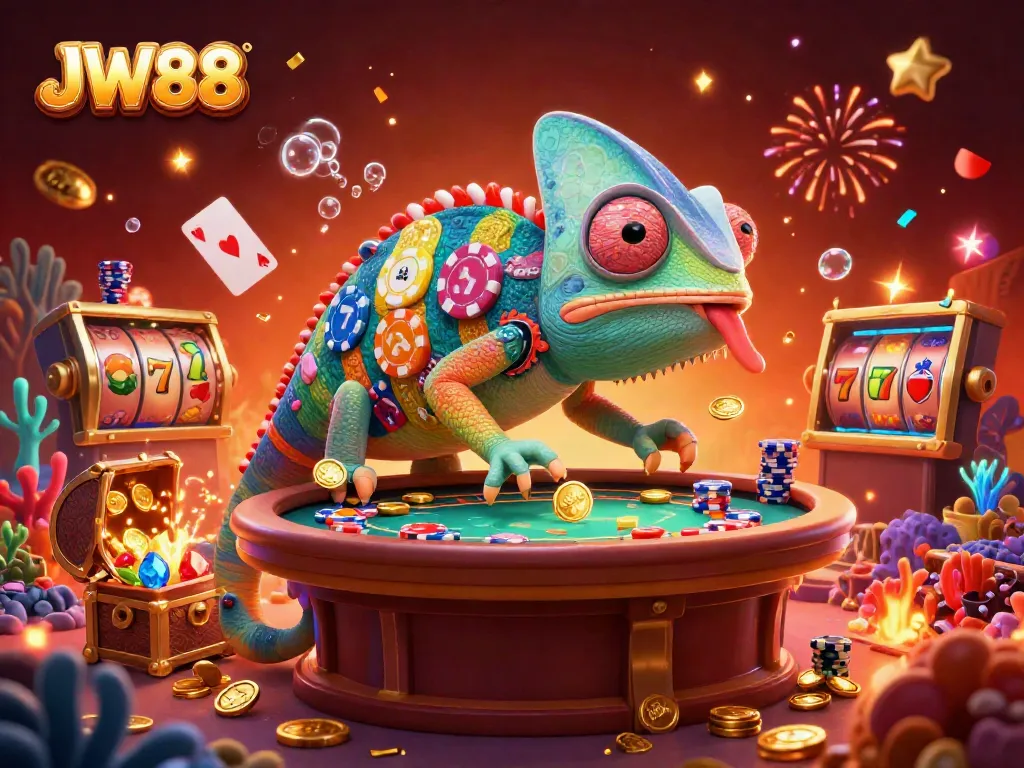 Playing at JW88, gamblers enjoy dynamic slots with colorful chameleons and erupting treasures.