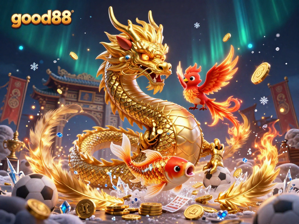 Engage with golden opportunities at good88, featuring spectacular gaming action with vibrant dragon and phoenix.