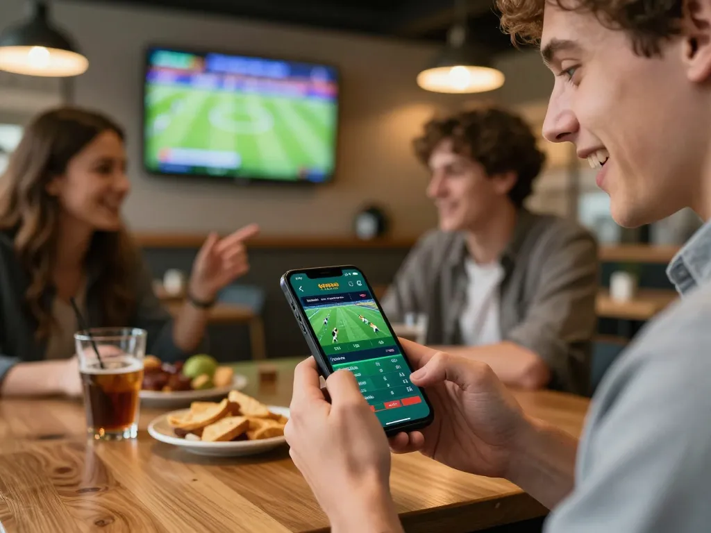 Excited betting on tx88casino using smartphone app in a lively coffee shop.
