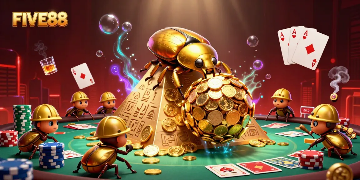 Roll to win at FIVE88 with golden beetles and poker chips in a vibrant 3D casino scene.
