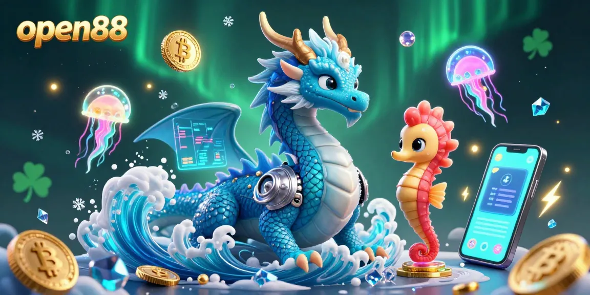 Engage with open88's vibrant gambling landscape showcasing a dragon, seahorse knight, and crypto elements.