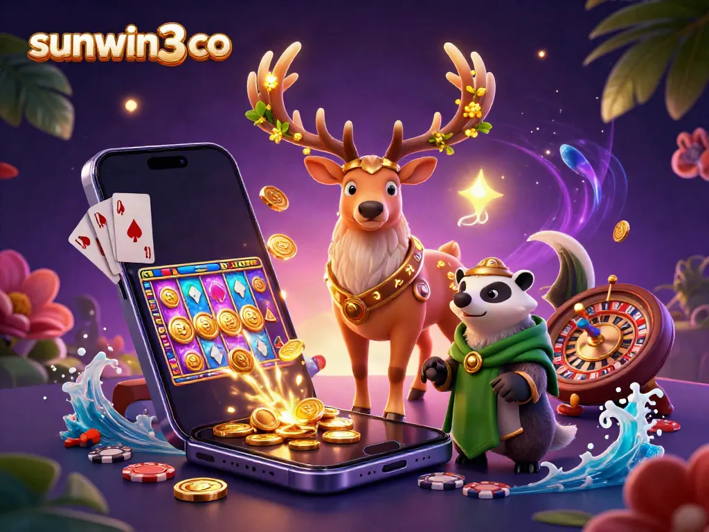 Experience the thrill of gaming at sunwin3 co with this vivid 3D casino scene showcasing a druid stag, badger, and vibrant slot games.