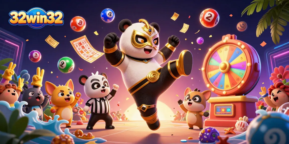 Witness 32win32's vibrant gambling scene as panda wrestler soars with lottery excitement and animal audience.