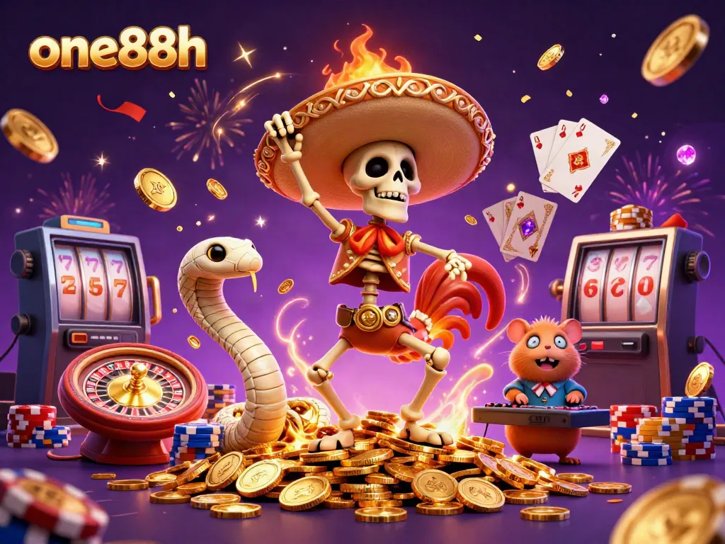 Celebrate wins at one88h with vibrant casino characters amidst flying coins and games.