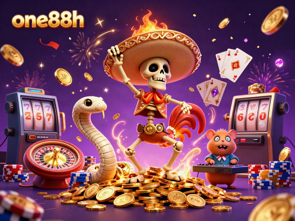 Celebrate wins at one88h with vibrant casino characters amidst flying coins and games.