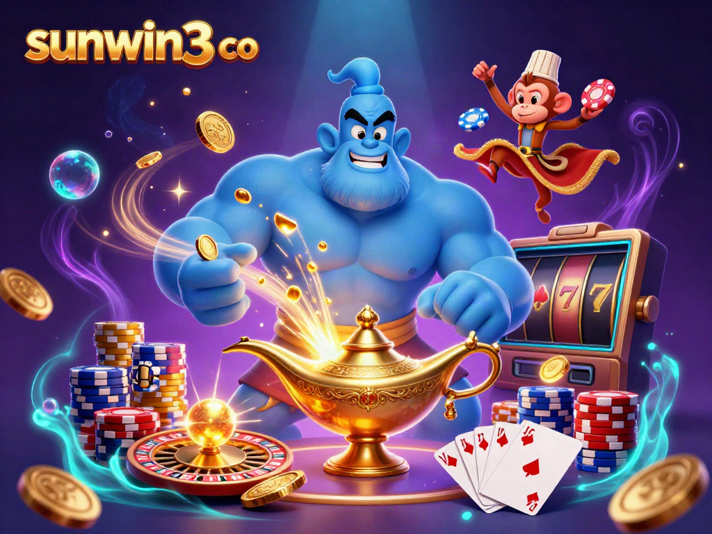 Win big at sunwin3 co with a dynamic 3D illustration featuring a genie, monkey, and poker elements.