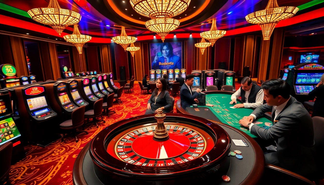 Engaging scene of a luxury casino showcasing RR99 LINK with poker tables and roulette wheel.