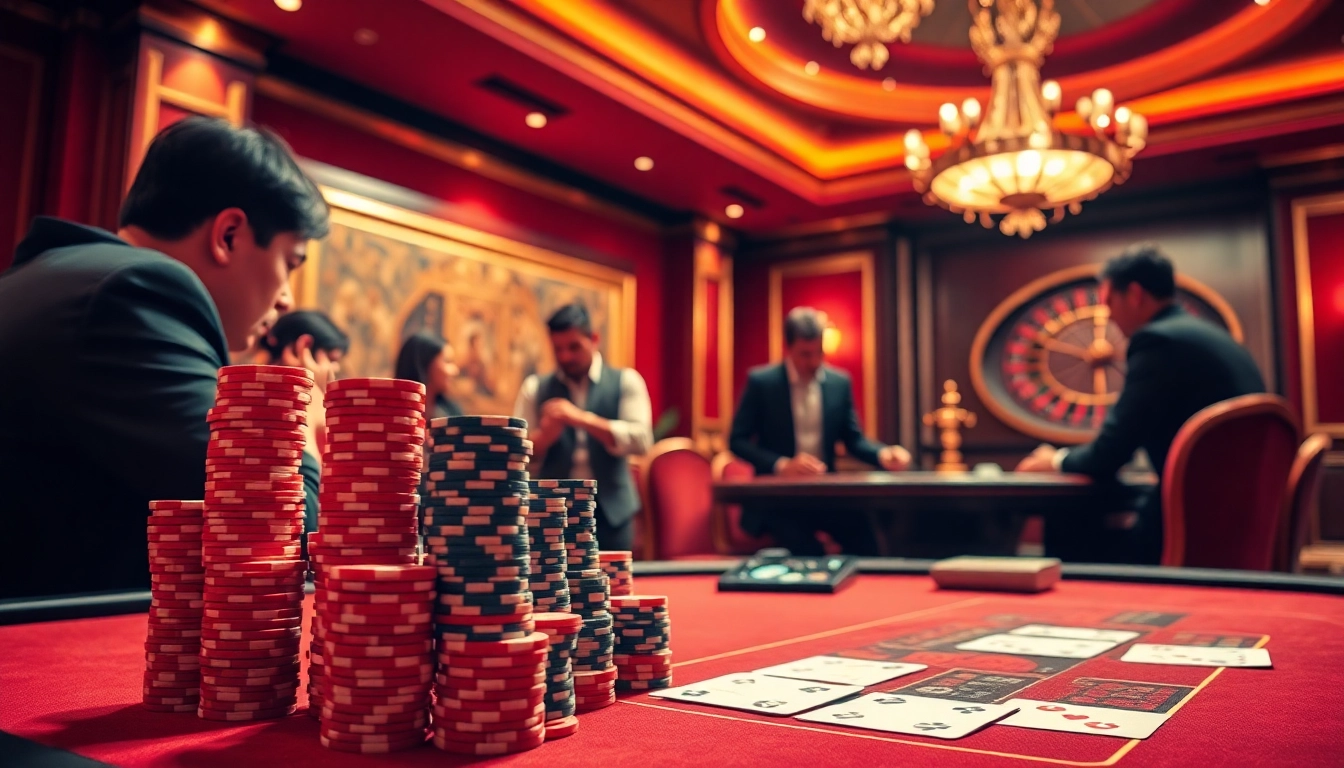 Exciting TT88 poker game at a luxurious casino table with vibrant chips and cards.