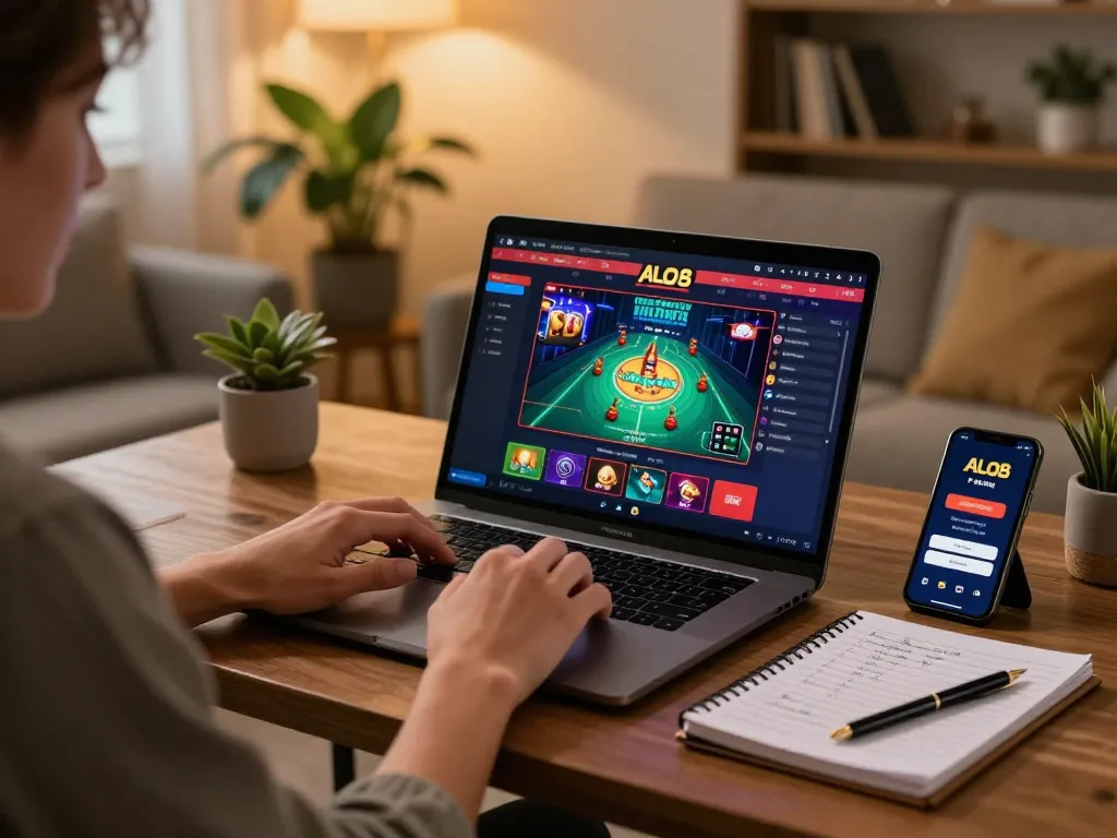 Player enjoying ALO8 online casino on laptop with strategic notes and smartphone nearby.