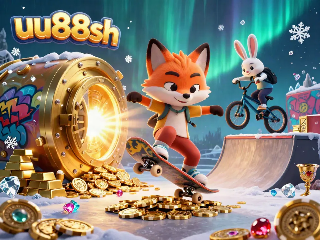 Engaging 3D casino illustration of the uu88sh brand with vibrant characters, gold treasures, and dynamic casino elements.