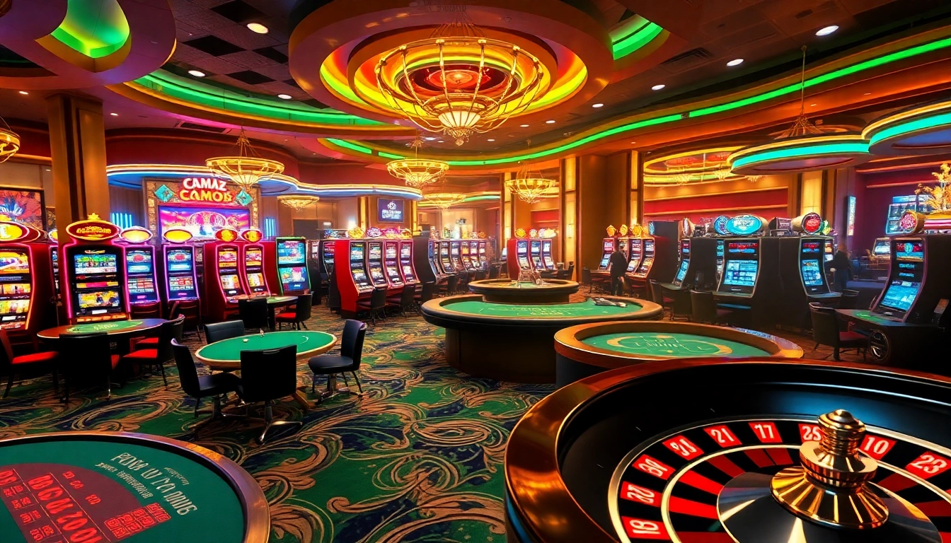 Exciting scene at Bl555 casino showcasing players at poker tables and vibrant slot machines.