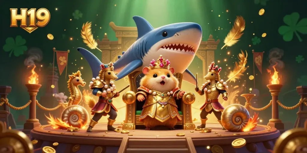 H19 king commands the gaming realm surrounded by treasures and dynamic casino elements.