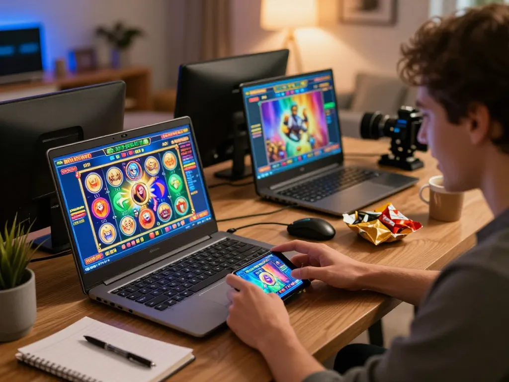 Engaging in mm88 reisen online gaming with vibrant slot interfaces on laptop and smartphone