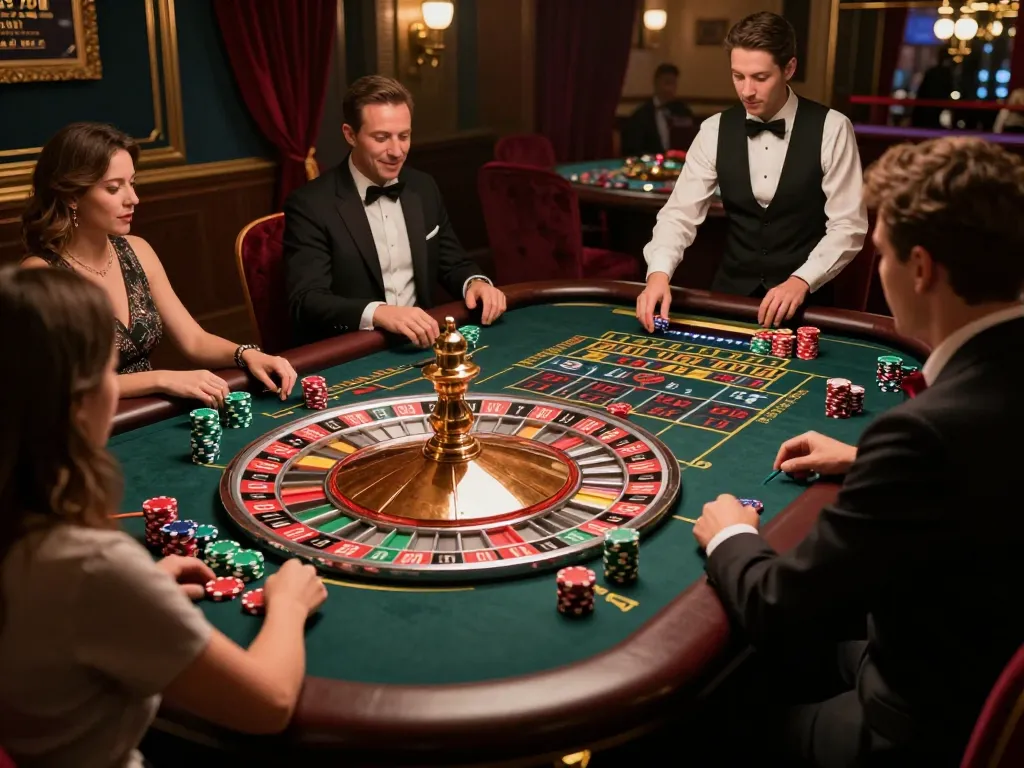 GA88 players focus on roulette wheel for a winning strategy at upscale casino.