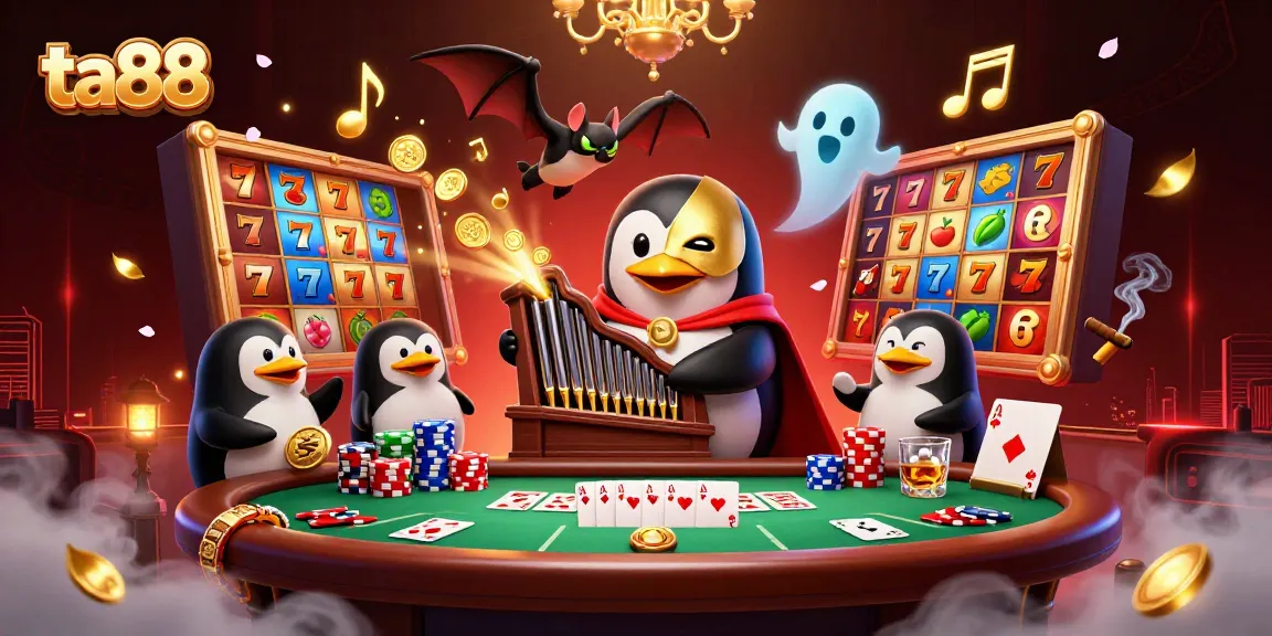 Engage in exciting gameplay at ta88 with a cartoon penguin organist, poker elements, and dynamic slot machines.
