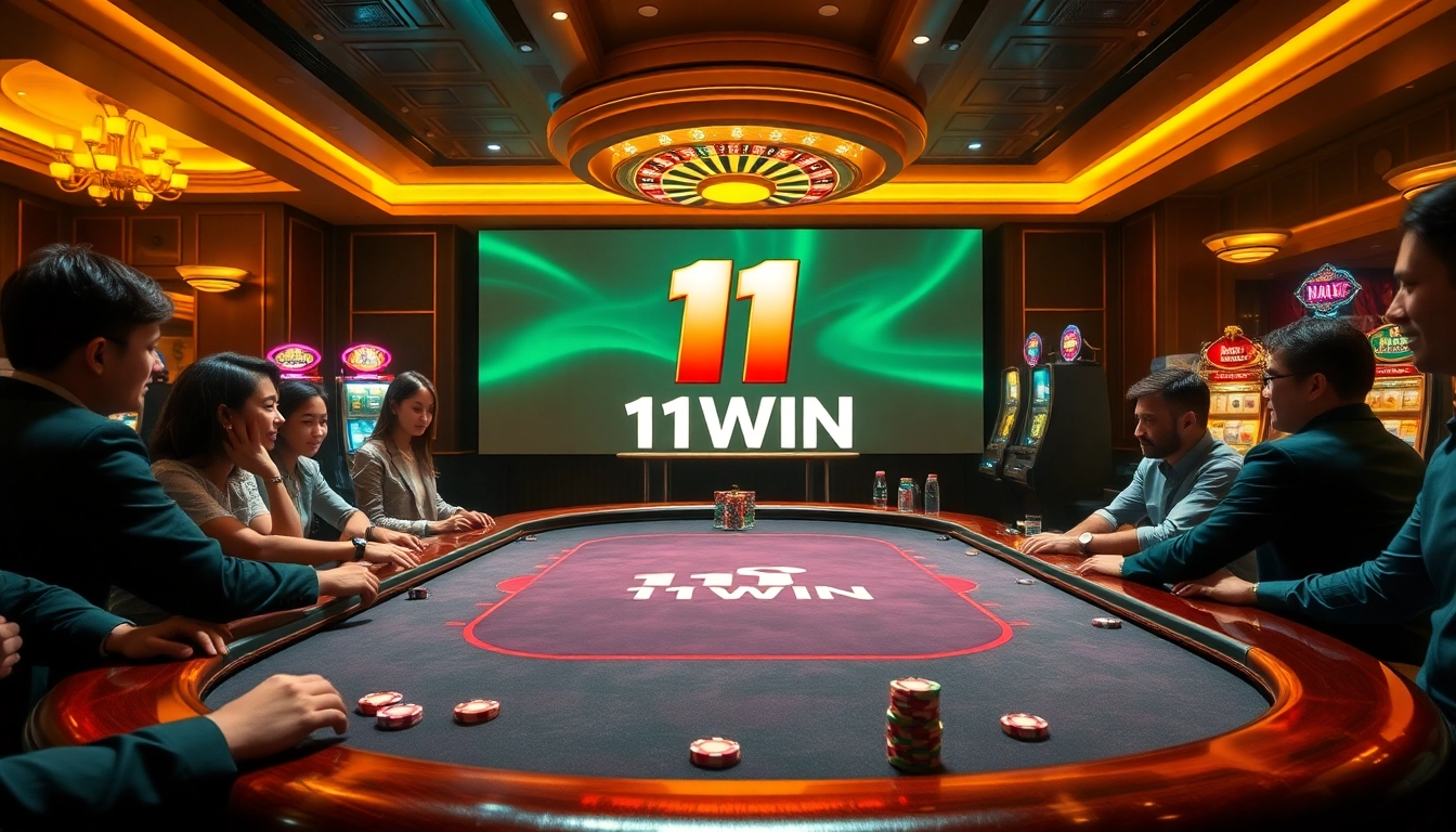 Players enjoying an exciting poker game at a casino table, featuring the 11WIN logo prominently.
