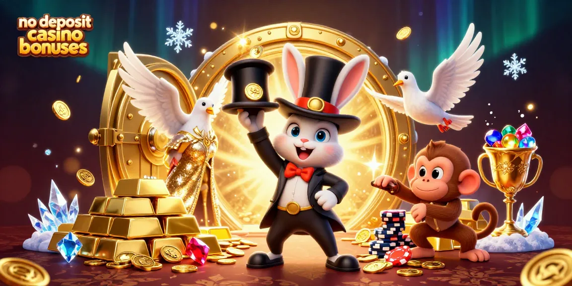 Experience thrilling no deposit casino bonuses with a 3D illustration of a magician rabbit, a dove, and a monkey amidst riches.