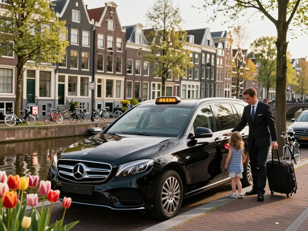 Taxi Amsterdam met een professionele chauffeur die een gezin helpt in een Mercedes op een levendige grachtenstraat.