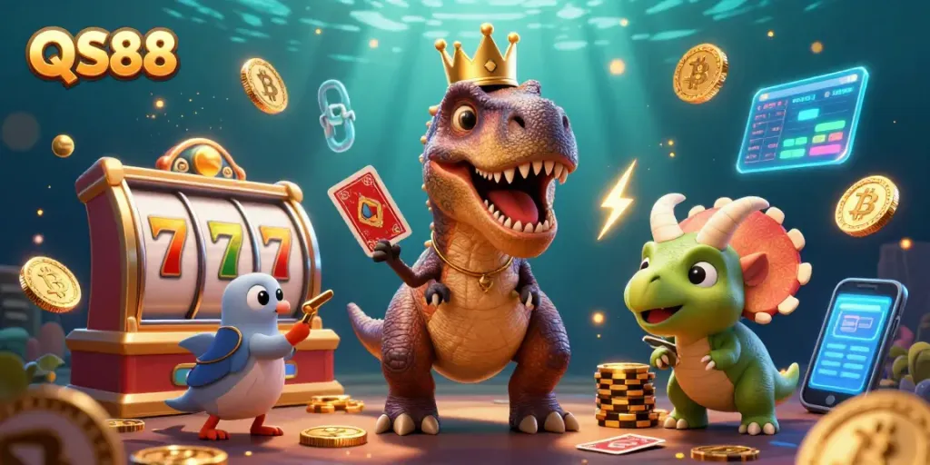 Experience casino excitement at QS88 with a T-Rex shuffling cards and a triceratops stacking chips.