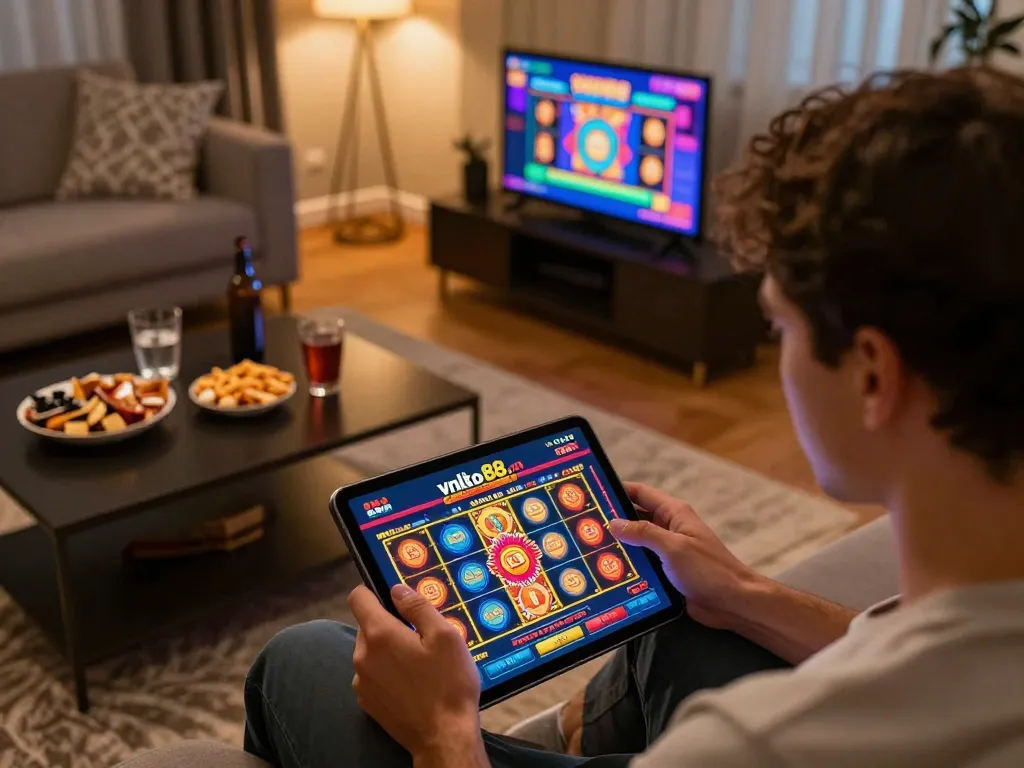 Engaged player using vnloto88.com on tablet in a cozy home setting, enjoying an online gaming experience.