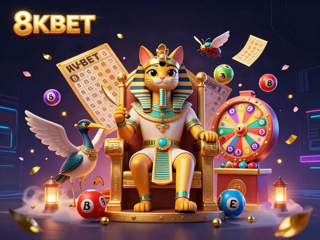 Experience vibrant gambling action at 8KBET with colorful scenes of lottery and game elements.