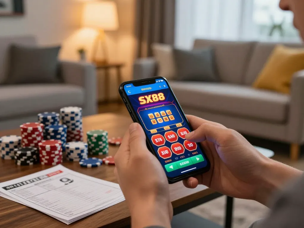 SX88 mobile gaming experience in a cozy living room, enhancing user engagement with strategic gameplay.